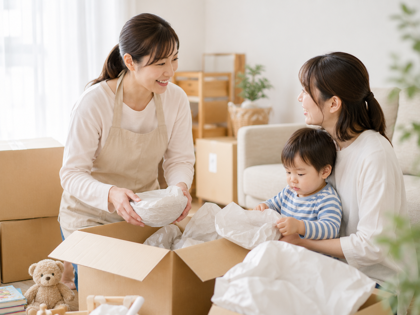 女性スタッフがママと子どもの荷造りをサポートしている様子