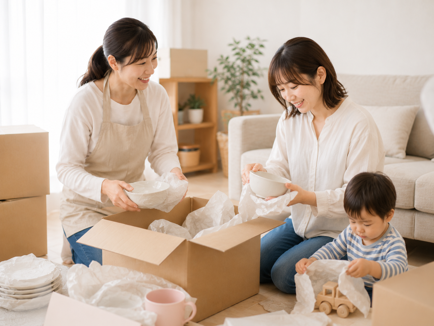 女性スタッフがママと荷解きをしている様子