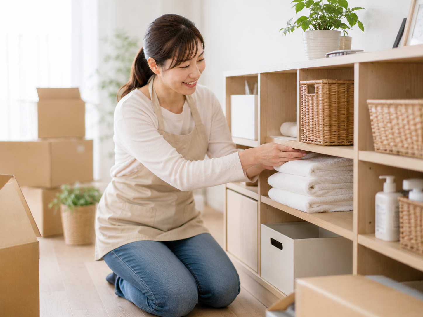 女性スタッフが棚と収納を整えている様子